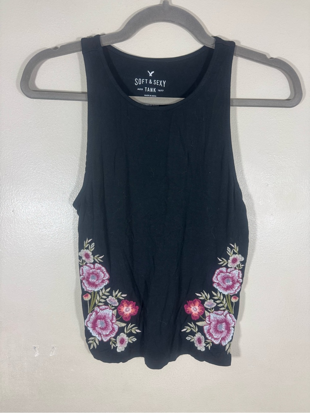 American Eagle Outfitters Black Crop Tank with Pink Floral Embroidery